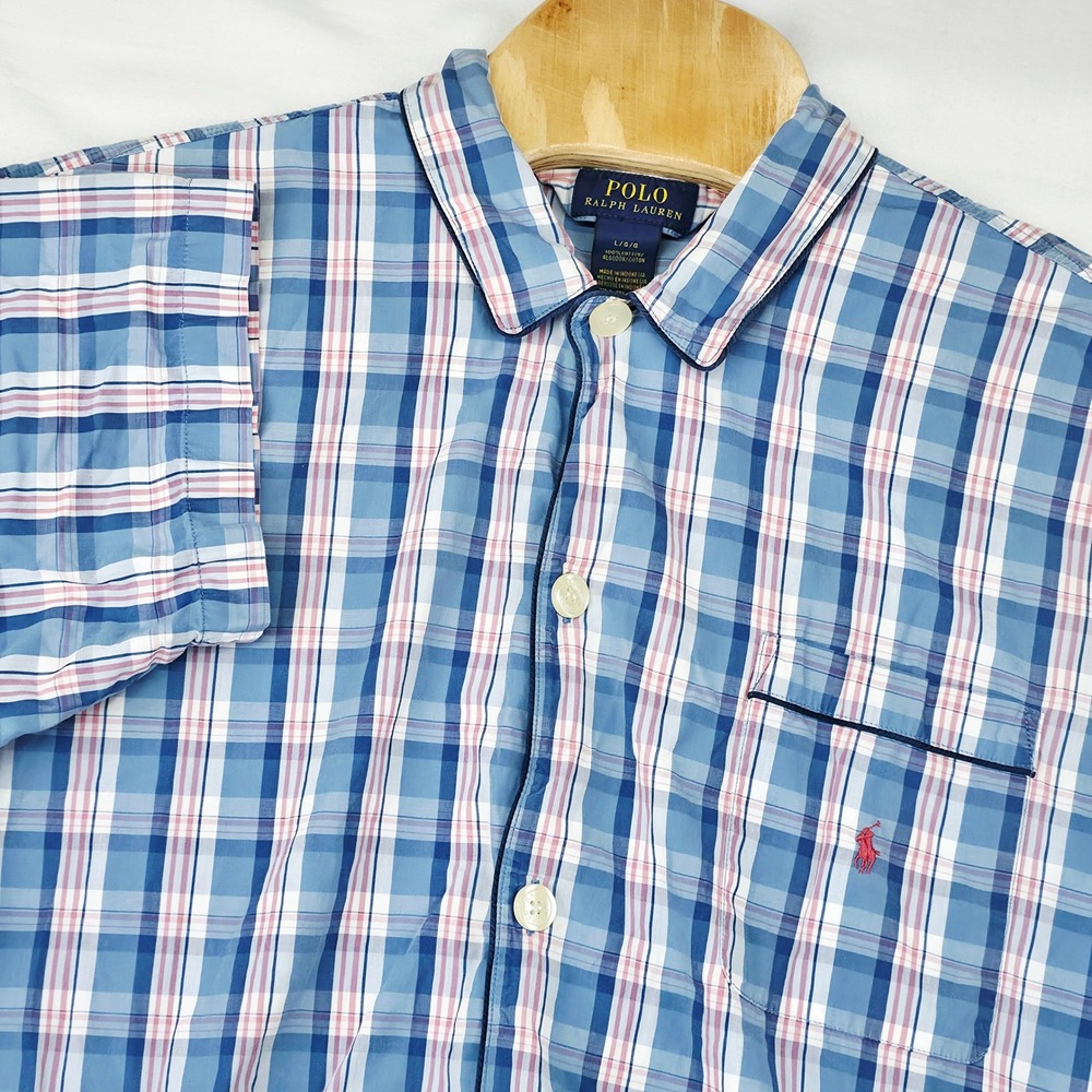 Polo Ralph Lauren Pajama Men's Large Blue Plaid Short Sleeve Cotton Piping Logo